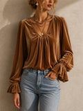 Womens Elegant Velvet V Neck Ruffle Flare Sleeve Blouse