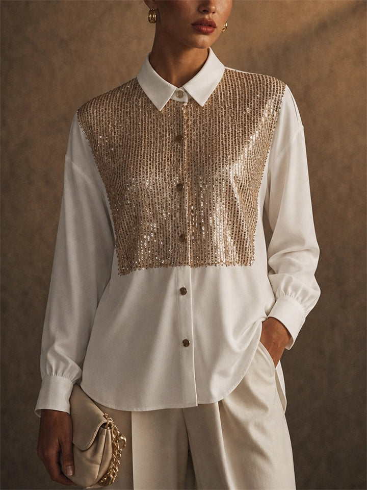 Womens White Sequin Button Down Long Sleeve Party Blouse