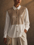 Womens White Sequin Button Down Long Sleeve Party Blouse