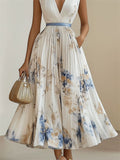 Women's Elegant V-Neck Print Holiday Style Sleeveless Pleated Dress