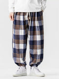 Men's Japanese Style Retro Loose Fit Elastic Waist Checkered Joggers Pants