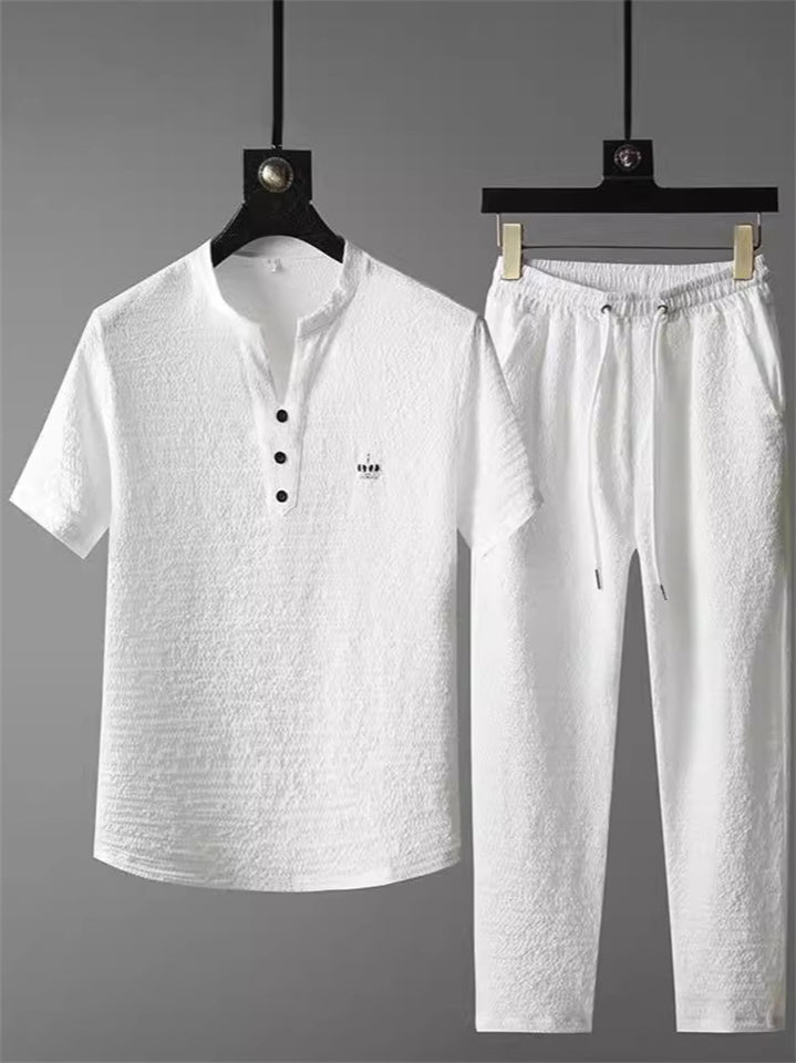 Men's 2Pcs Crown Embroidered V Neck Short Sleeve Solid Color Outfits