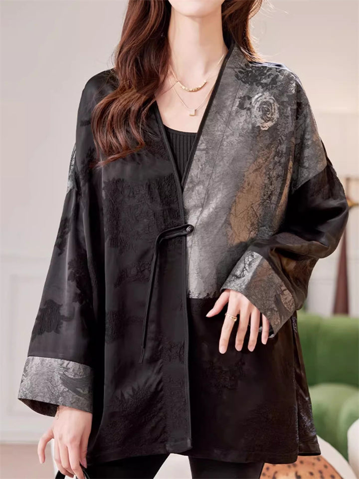 Chinese Style Tencel Jacquard Contrast Color Patchwork Jackets for Women
