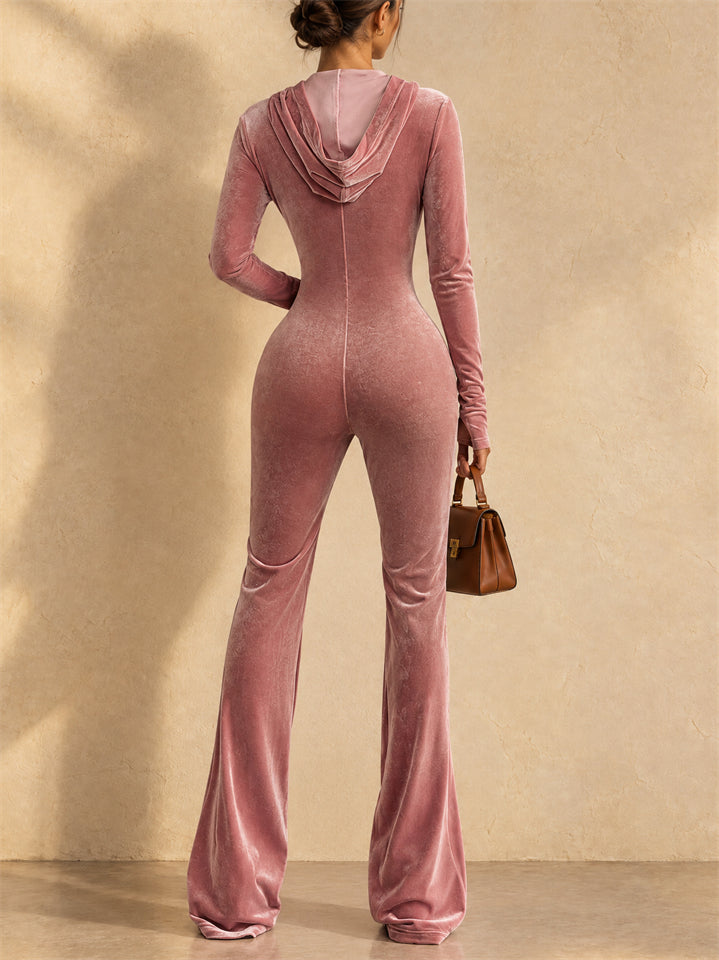 Women Vintage Velvet Long Sleeve Hooded Zip Up Flare Jumpsuit