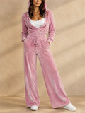 Women Velvet 2 Piece Zip Up Hoodie Wide Leg Pants Tracksuit Set