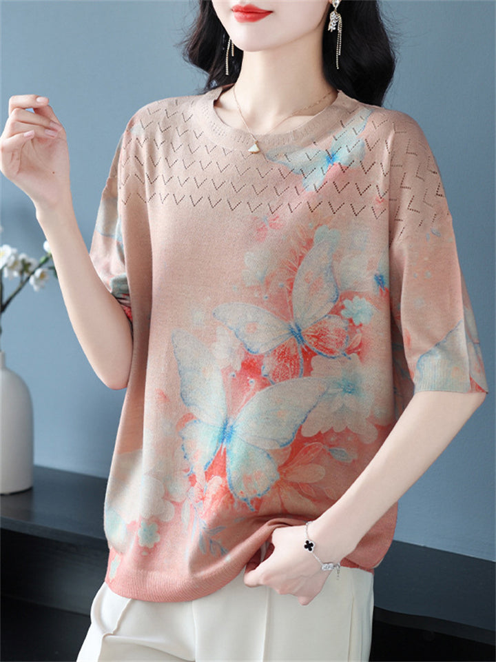 Casual Women's Loose Butterfly Print Short Sleeve Knit T-Shirts