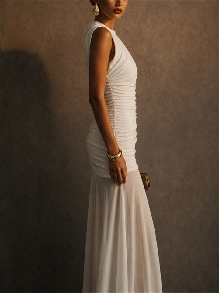 Women Ruched Draped Mesh Patchwork Formal Evening Maxi Dress