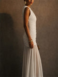 Women Ruched Draped Mesh Patchwork Formal Evening Maxi Dress