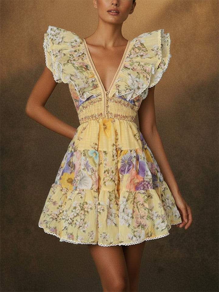 Women Floral V Neck Ruffle Sleeve Backless Boho Mini Dress
