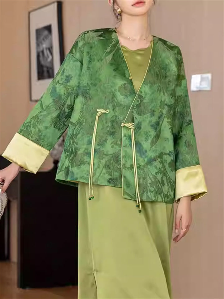 Chinses Vintage Style Loose Green V-Neck Jacquard Jacket for Women
