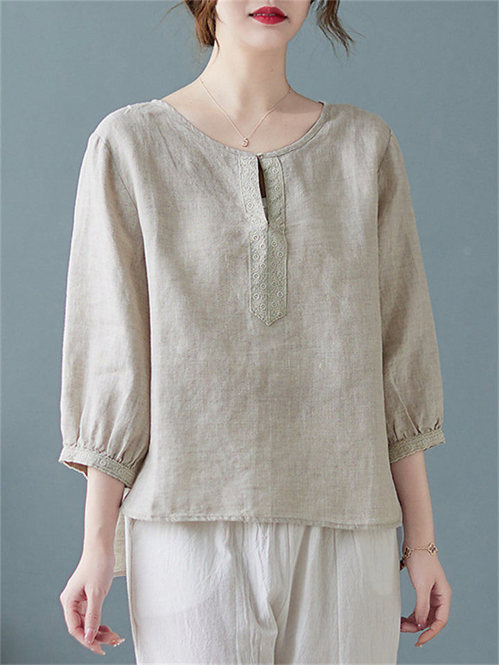 Plain Scoop Neck 3/4 Sleeve Female Cozy Linen Shirt