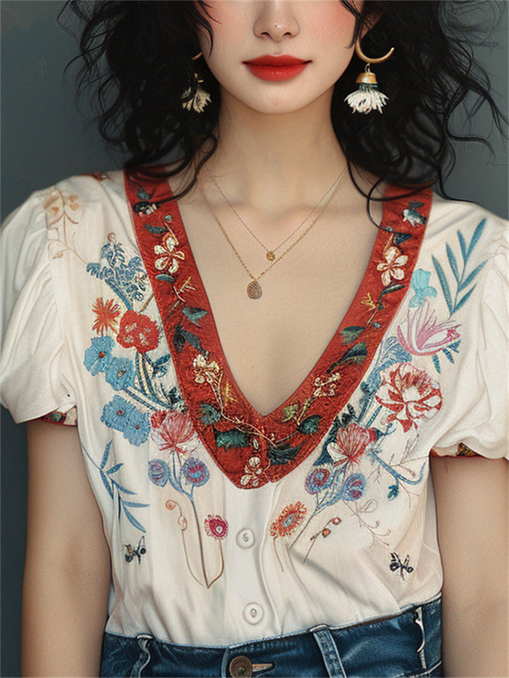 Women's V-Neck Floral Embroidery Puff Short Sleeve Shirt