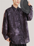 Chinese Style Men's Plum Blossom Hanzi Print Lapel Long Sleeve Shirts
