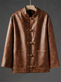Men's Autumn Chinese Style Faux Leather Pockets Frog Button Coats