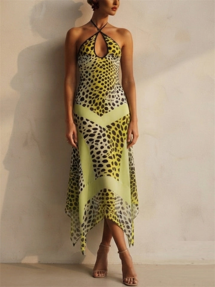Women Leopard Print Halter Backless Cutout Asymmetric Midi Dress