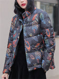 Women's Retro Print Stand Collar Long Sleeve Padded Coat