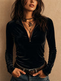 Womens Vintage Velvet Quarter Zip Slim Fit Long Sleeve Top