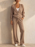 Women Button Up Knit Cardigan and Wide Leg Pants Two Piece Lounge Set