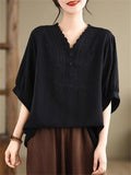 Women's Solid Color Embroidery V Neck Comfy Short Sleeve Shirt
