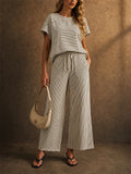 Womens Striped 2 Piece Matching Short Sleeve Wide Leg Pants Set