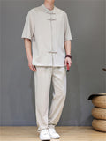 Men's 2Pcs Comfy Stand Collar Short Sleeve Solid Color TangSuit Outfits