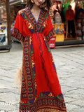Women's Trendy Ethnic Holiday Style Print V Neck Maxi Dress