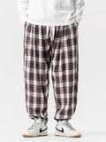 Japanese Style Autumn Plaid Drawstring Loose Jogger Pants for Men