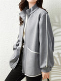 Women's Casual Stand Collar Contrast Trim Cardigan Jacket
