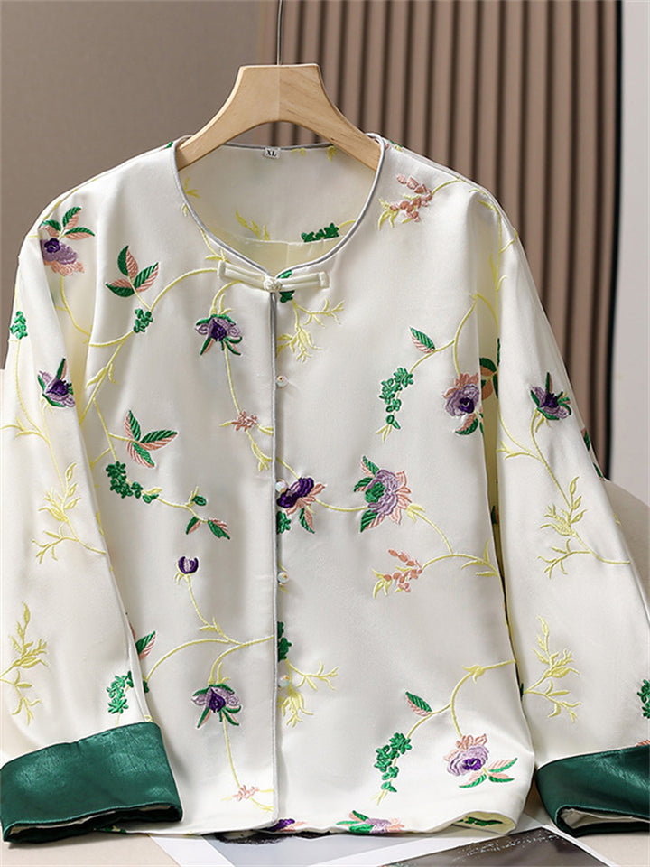 Women's Chinese Style Flowers Embroidery Long Sleeve Shirts