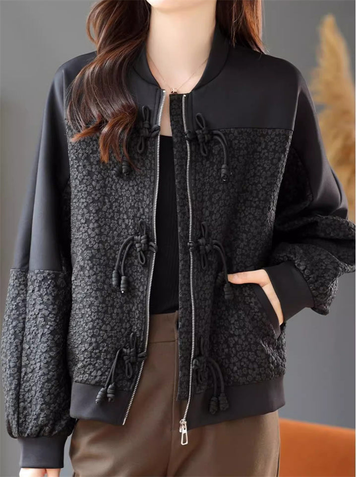 Korean Style Black Jacquard Patchwork Frog Button Jackets for Women