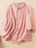 Women's Summer Casual Solid Color Embroidery Half Sleeve Shirt
