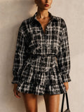 Women Plaid Long Sleeve Ruffle Top and Tiered Mini Shirt Set