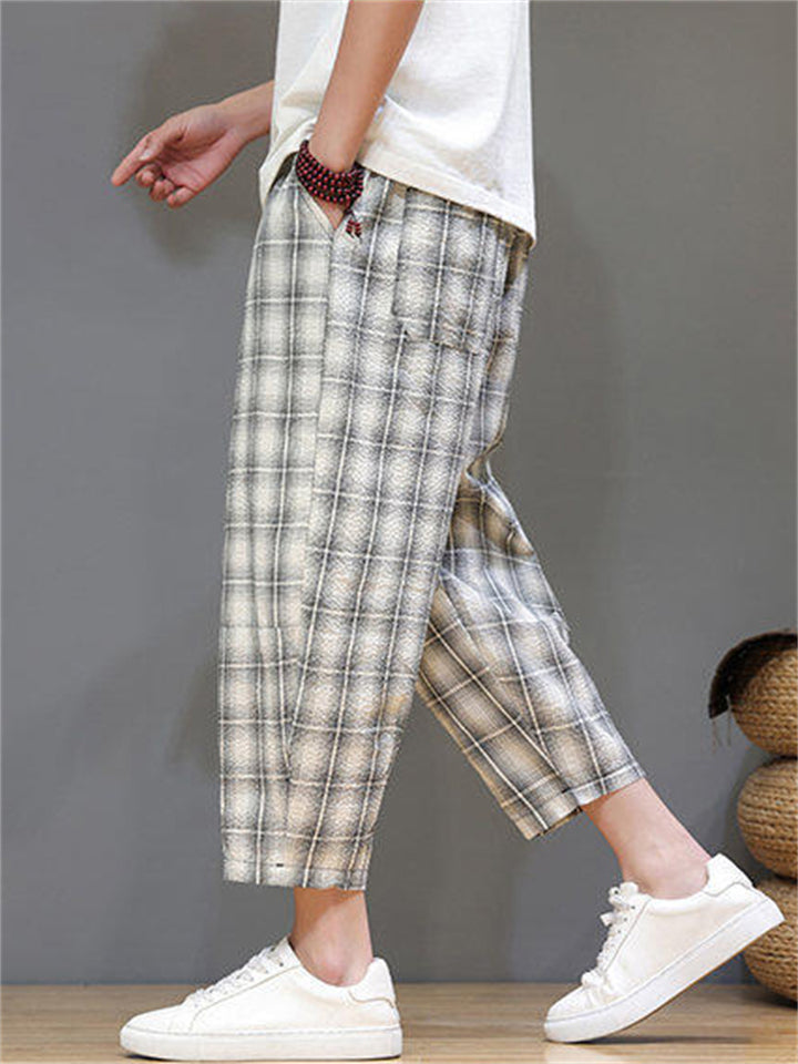 Men's Casual Drawstring Wide Leg Plaid Capri Pants