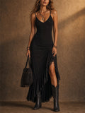 Womens Black V Neck Lace Ruffle Boho Slit Maxi Slip Dress