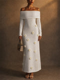 Womens White Off Shoulder 3D Floral Long Sleeve Maxi Dress