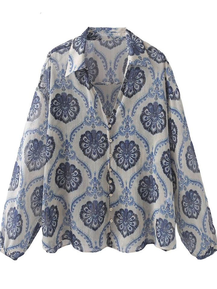 Women's Casual Blue Flower Print Chiffon V Neck Shirt