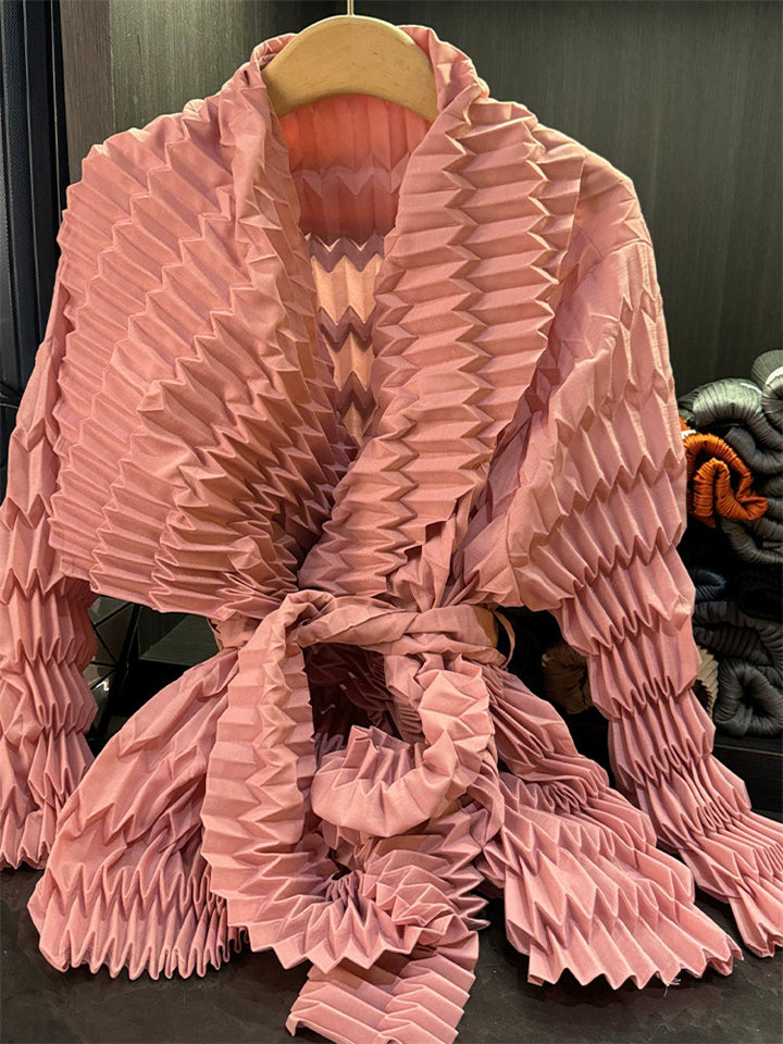 Trendy Pleated Texture Design Long Sleeve Cardigan Jacket for Women