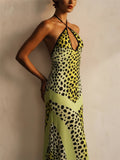 Women Leopard Print Halter Backless Cutout Asymmetric Midi Dress