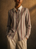 Women Vertical Striped Button Down Long Sleeve Work Blouse