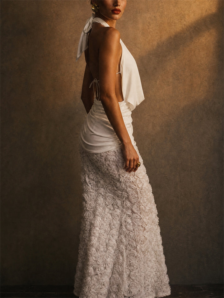 Women White Backless Halter 3D Rosette Floral Maxi Dress