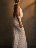Women White Backless Halter 3D Rosette Floral Maxi Dress