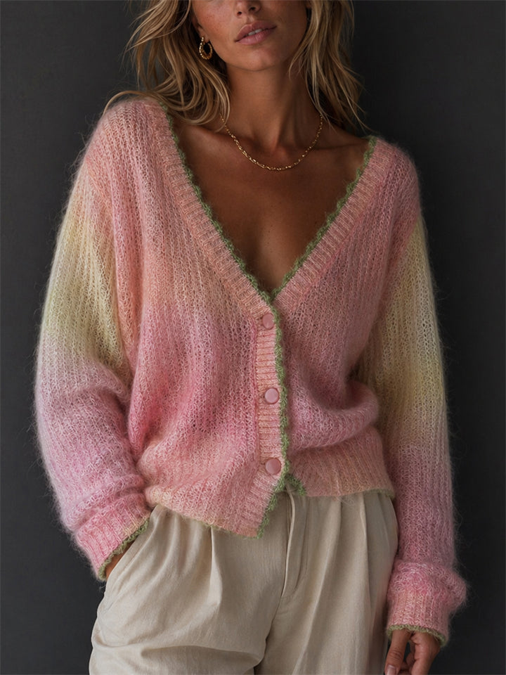 Women' s Color Block Ombre Fuzzy Mohair V Neck Scalloped Button Cardigan