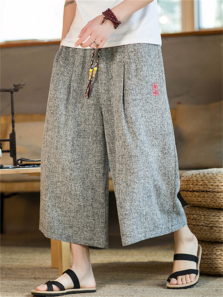 Men's Loose Fit Chinese Style Linen Blend Wide Leg Capri Pants