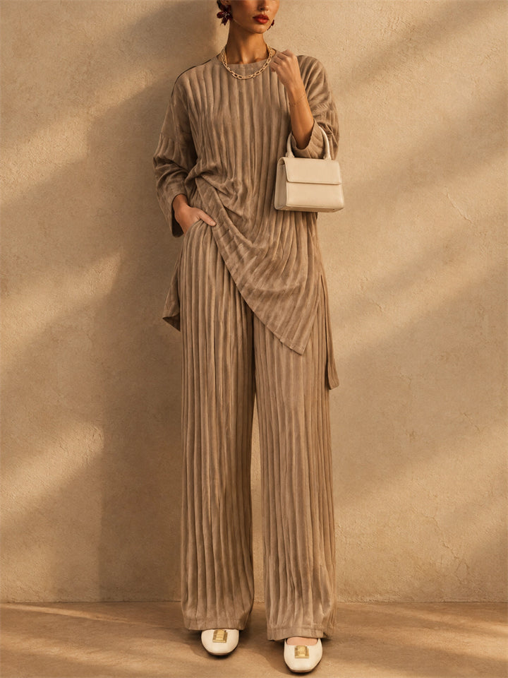 Women Lounge Pleated Two Piece Set Long Sleeve Top Wide Leg Pants