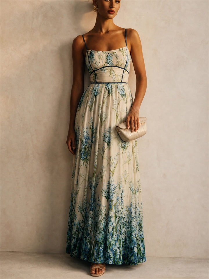 Women Blue Elegant Summer Pleated Floral Corset Maxi Dress