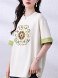 Korean Style Loose Women's Print Contrast Color T-Shirt