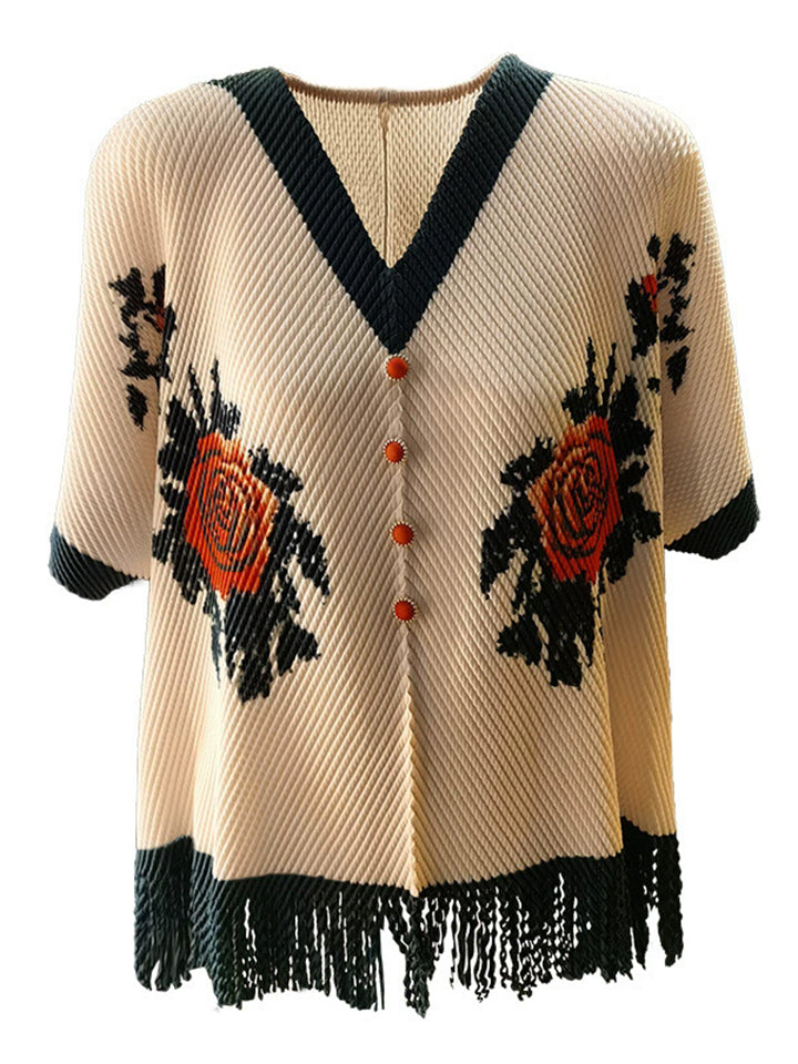 Women's Dragon Scale Knitting Floral Print Breathable V Neck Shirt with Fringe