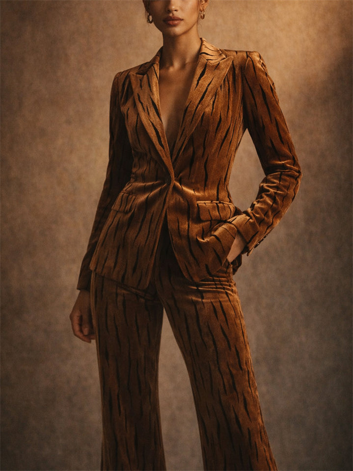 Women's Velvet Tiger Print 2 Piece Blazer and Flare Pant Set