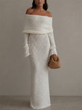 Women's Off Shoulder Long Sleeve Textured Knit Beach Maxi Dress