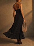 Womens Black V Neck Lace Ruffle Boho Slit Maxi Slip Dress